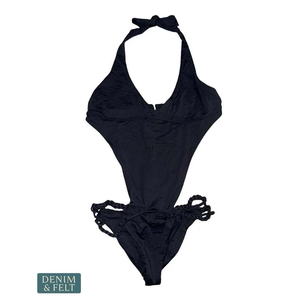 Frankies Bikinis Black Open Back Monokini Halter Swimsuit Braided Sides Large‎